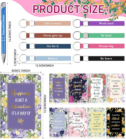 PerKoop 48 Pcs Inspirational Gifts Bulk Motivational Notepads Ballpoint Pens Keychains Set Floral Flower Journal Notebooks Christian Gifts for Teachers School Office Party Favor Supplies