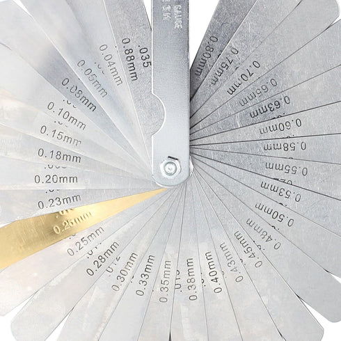 CAMWAY Straight Feeler Gauge, 32 Blades Thickness Gauge Metric Inch 0.04-0.88mm/0.0015-0.035 Inch for Valves, Spark