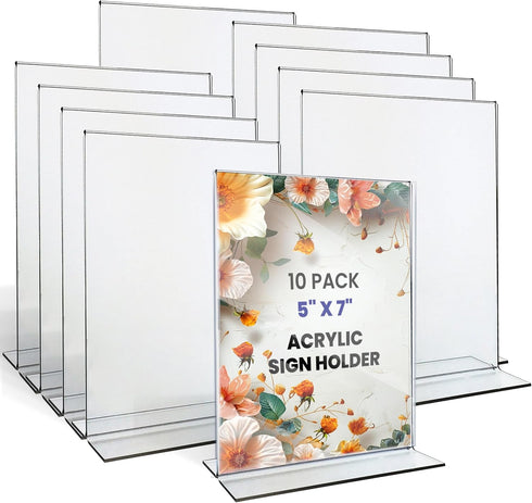 BERYLAND 5x7 10 Pack, Acrylic Sign Holder Paper Stand, Vertical Clear Frame, Double Sided Table Tent, Plexiglas
