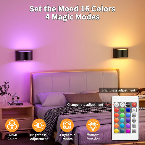 16 Dimmable Battery Operated Wall Sconce with Remote Colors RGB Wall Light Rechargeable Wireless Magnetic Cordless Led