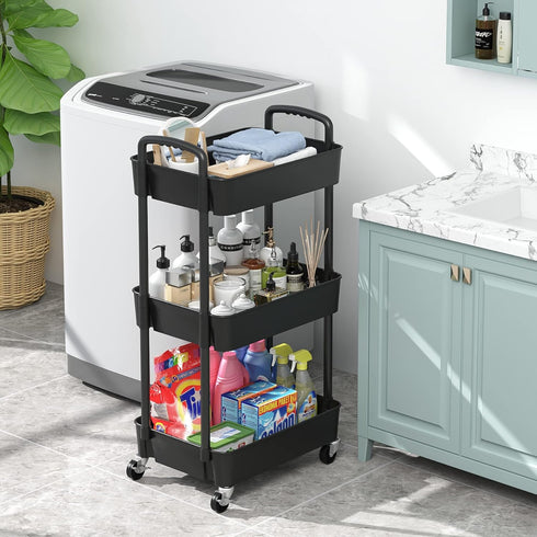 Sywhitta 3-Tier Black Plastic Rolling Utility Cart with Handle, Movable Storage Trolley for Office, Kitchen, Living Room