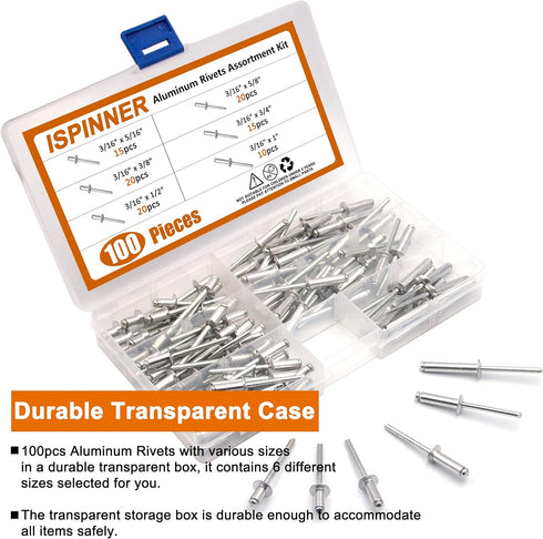 ISPINNER 100pcs Aluminum Blind Rivets Assortment Kit, 6 Sizes, 3/16" x (5/16" 3/8" 1/2" 5/8" 3/4") Silver