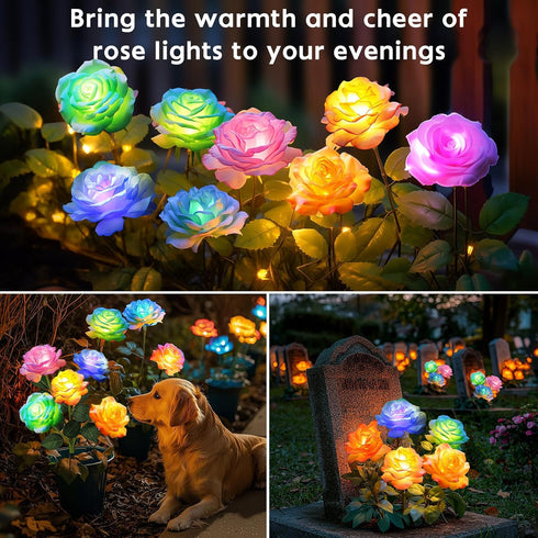 4 Pack IP65 7-Color 10H+ Solar Rose Lights Outdoor: Waterproof Changing LED Flower Stakes for Garden Pathway Patio Lawn