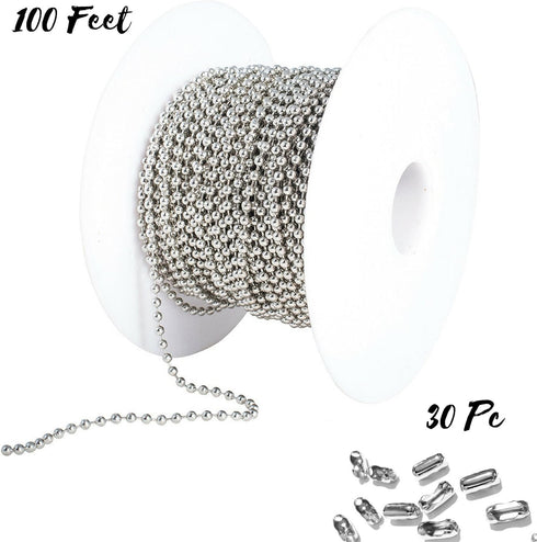 Ball Chain Spool #3 Nickel Plated Steel Bead Chain, 2.4 Diameter, 100 Feet with 30 Matching Connectors