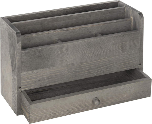 MyGift Rustic Gray Solid Wood Office Desk Organizer, 5 Slot Wooden Mail Sorter with Pull Out Drawer