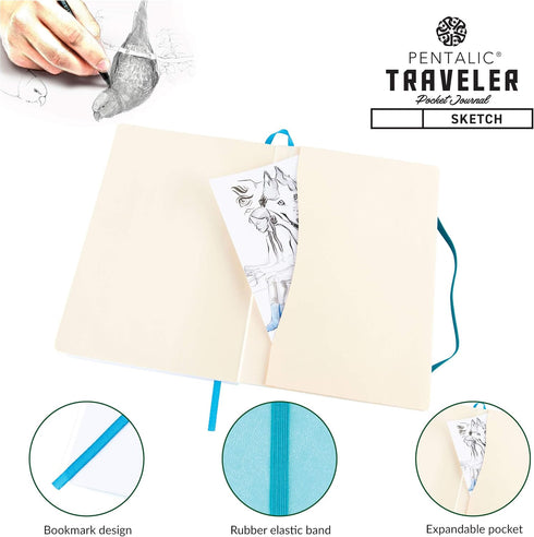 Pentalic Pocket Sketchbook: 6" x 8", 160 Pages, Turquoise Traveler Journal