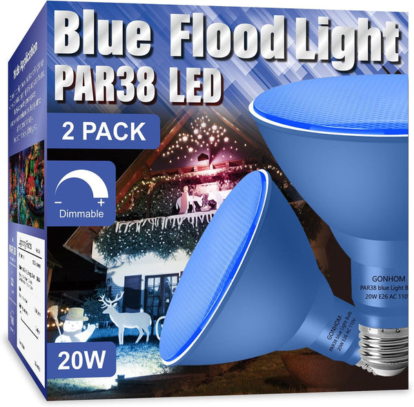 Gonhom 2 Pack PAR38 Blue Led Light Bulbs, Dimmable, 20W, E26 Base, Outdoor