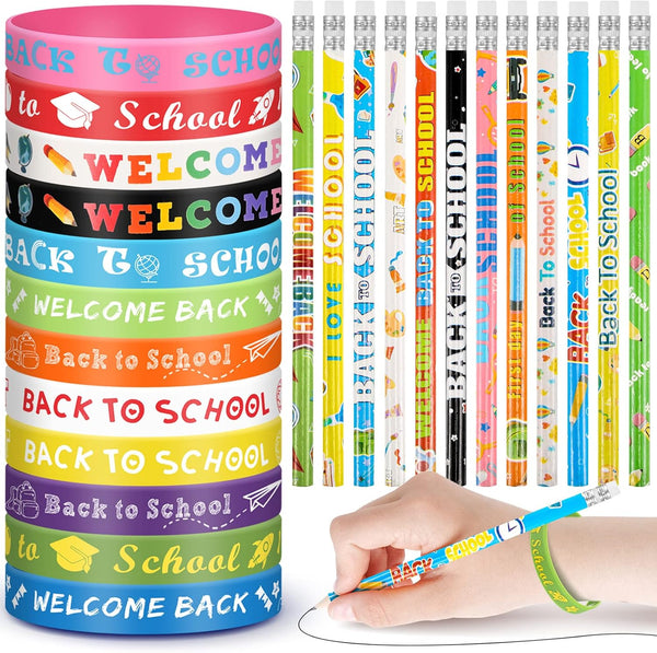 Sabary 48 Pcs Back to School Pencils, Silicone Bracelets Set, Classroom Reward Party Supplies for Kids