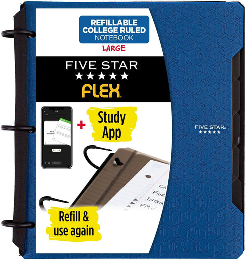 Five Star Flex Refillable Notebook + Study App, College Ruled Paper, 1 Inch TechLock Rings, 200 Sheet Capacity, Pacific