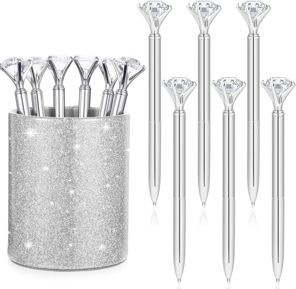 Pen Holder with 6 Pcs Bling Diamond Pens, Glitter Desk Organizer for Women Girls Classroom Offices