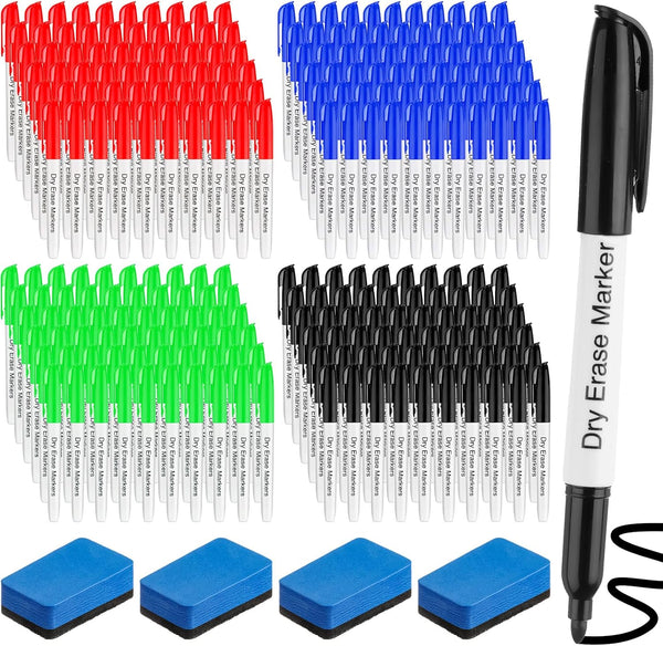 Thenshop 200 Pack Dry Erase Markers with 4 Magnetic Whiteboard Erasers Set, Bulk Fine Point for Office