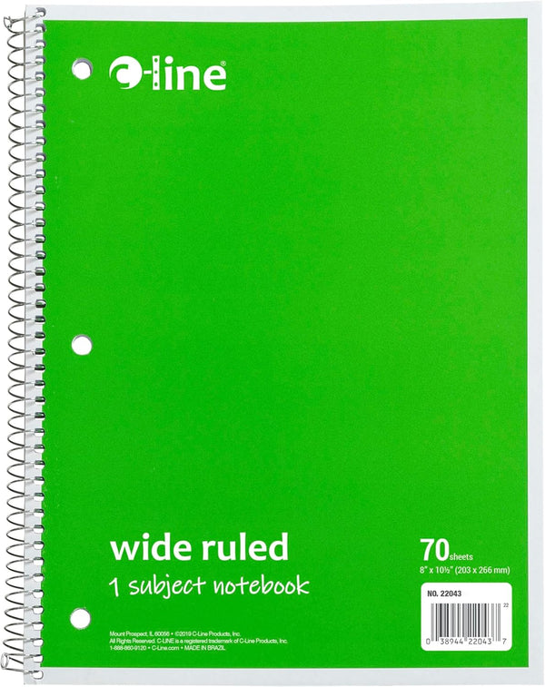 C-Line 1 Subject Notebook, 8 x 10-1/2 Inches, Wide Ruled, Green, 70 Sheets