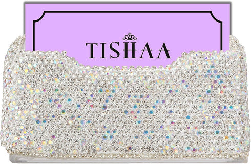 TISHAA Bling Business Card Holder Stand, Luxury Display Pocket Case for Office Desk Organizer with White Crystal