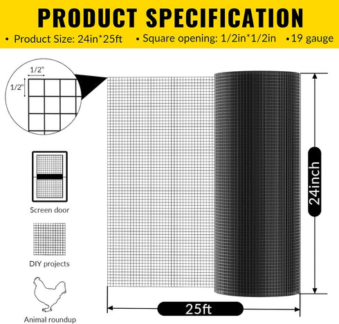 24'' 25' 1/2inch 19 Hardware Cloth PVC Coated Wire Mesh x Mesh Black Vinyl Coated Fence Chicken Wire Fencing Gauge