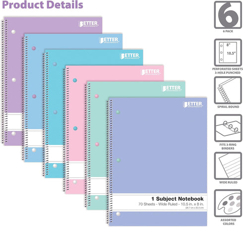 Better Office Products Spiral Notebooks, 6 Pack, 1 Subject, 70 Sheets, 10.5" x 8", 6 Assorted Pastel Colors