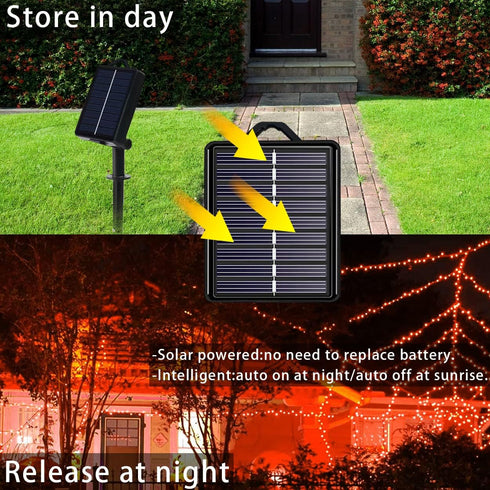 2Pack 144ft 400 8 IP44 Solar Halloween String Lights Outdoor Orange, LED Spooky Lights Modes with Timer, Waterproof