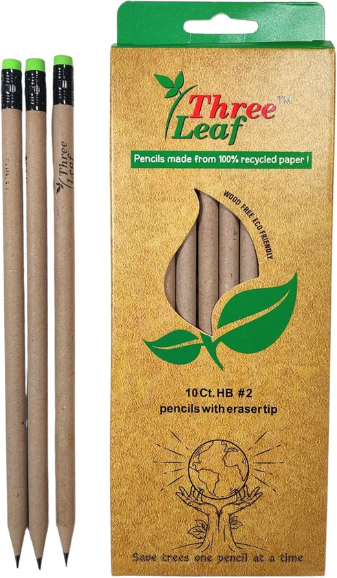 three leaf Recycled Paper Pencils, Pack of 10, Eco-Friendly, Non-Toxic Wood Free Pencil with Latex Free Eraser