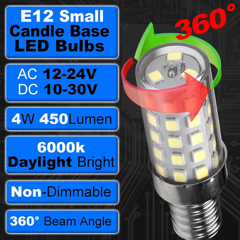 12V 40W E12 LED Candelabra Light Bulbs 4W Daylight White 6000K 450Lm Low Voltage AC12-24V/DC10-30V for RV Camper Marine