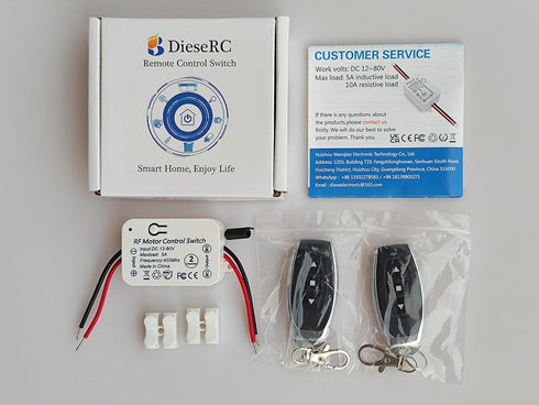 DieseRC Wireless DC Motor Remote Control Switch: DC 12V~80V 5A Relay Receiver with 2 Transmitters