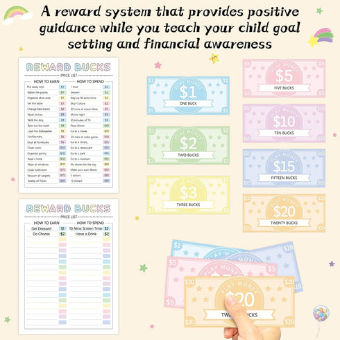 633pcs COcnny Kids Reward Bucks Charts, Good Behavior Reward System Bucks List, Prop Play Bucks Routine Chart