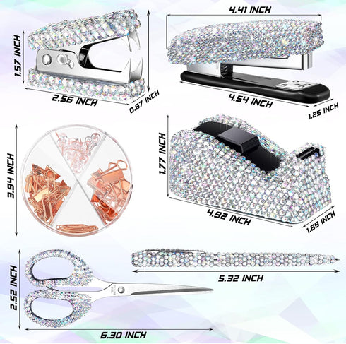 Demissle 6 Pcs Bling Office Desk Accessories Set, Crystal School Stationery Kit with Scissor, Stapler, Tape Dispenser,