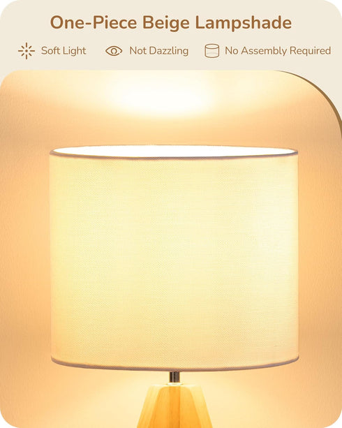 14.2 Inch, EDISHINE Small Cute Table Lamp, Wood Tripod Nightstand Lamp, Mid Century Bedside Lamp with Linen Fabric