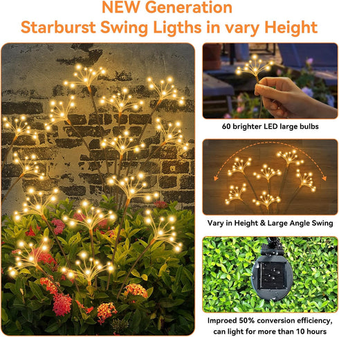 2 Pack JJGoo Solar Garden Lights, New Upgraded Solar Swaying Starburst Light, Waterproof Fireworks Outdoor Lights, Yard
