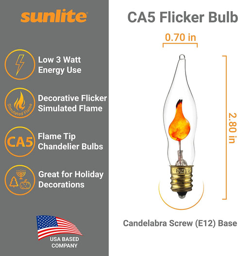 Bulb E12, 3 12 Pack Sunlite Petite Chandelier Flicker Flame Light Candelabra Base, Orange, for Holiday and Decorative
