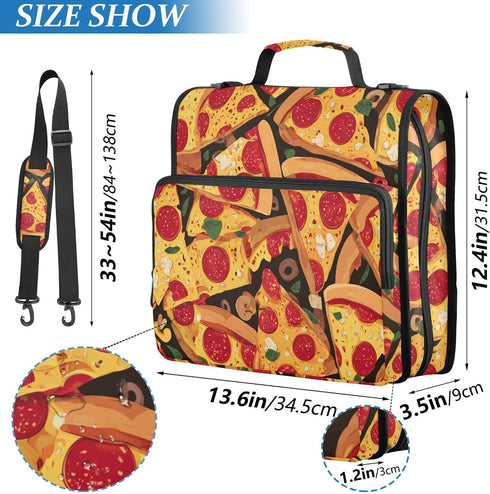 Fisyme 3 Vintage Sausage Pizza Zipper Binder Ring with Zipper and Shoulder Strap Large Capacity Multi-Pocket Binder