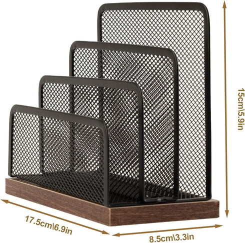 Wooden Desk Mail Organizer, 2 Pack, Metal Mesh with 3 Vertical Compartments for Letters, Postcards, Brochures