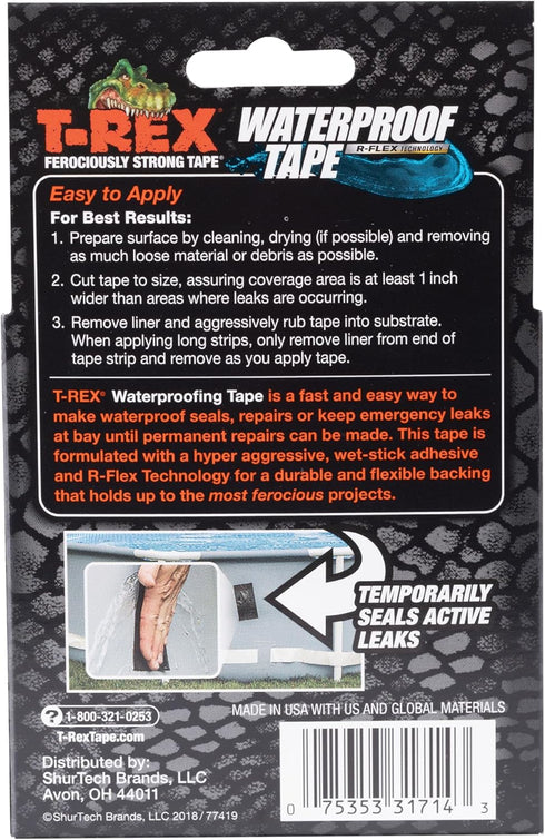 T-REX Heavy Duty Waterproof Repair Tape - 2" x 5', Black, for Wet or Rough Surfaces, Leaks and More