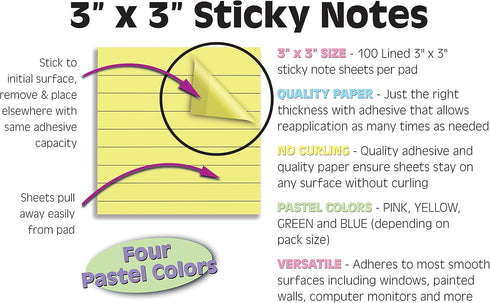 Better Office Products Lined Sticky Notes, 3 x 3, 3 Pack, 300 Sheets (100/Pad) in Assorted Pastel Colors with Strong