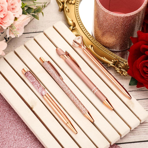 Sabary 8 Pcs Ballpoint Pens with Pen Holder for Desk, Metal Crystal Diamond Pen Glitter Pencil Holder, Fancy Pens Black