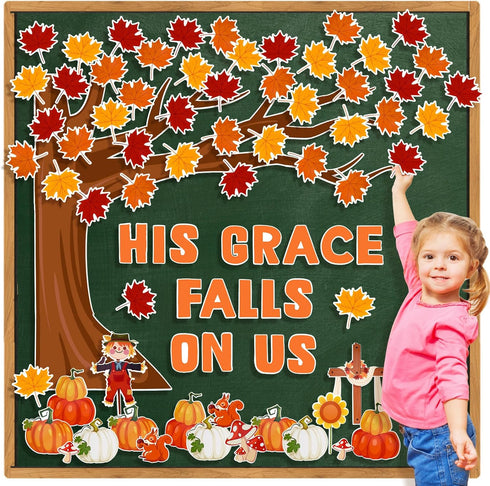 Konsait 89PCS His Grace Falls on Us Christian Bulletin Board Sets, Big Tree Pumpkins Religious Fall Decorations for