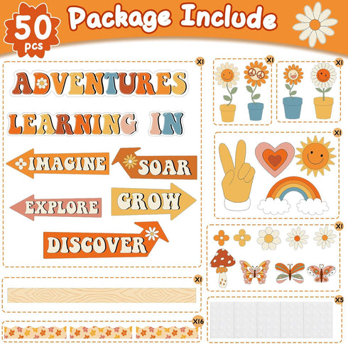 party greeting Groovy Retro Bulletin Board Decorations, Adventures in Reading Retro Hippie Daisy Paper Cutouts
