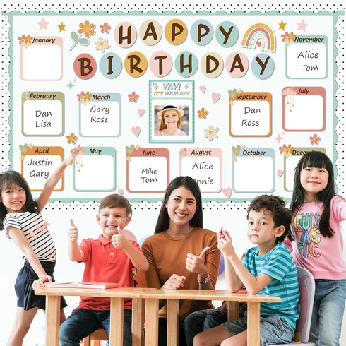Boho Happy Birthday Bulletin Board Decorations Set with Rainbow Chart and Cutouts for School Calendar and Birthday