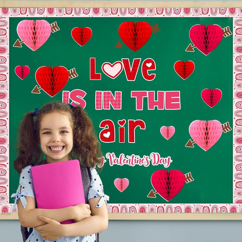 Valentine's Day Bulletin Board Decoration, 3D Heart Honeycombs Love is in The Air Cutouts for Classroom Decor