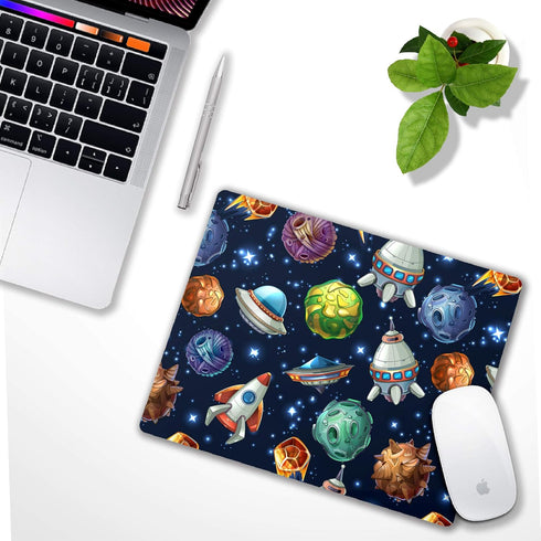 Kids Mouse Pad - Comic Space Design with Planets and Spaceships, Personalized Mouse Mat for Office