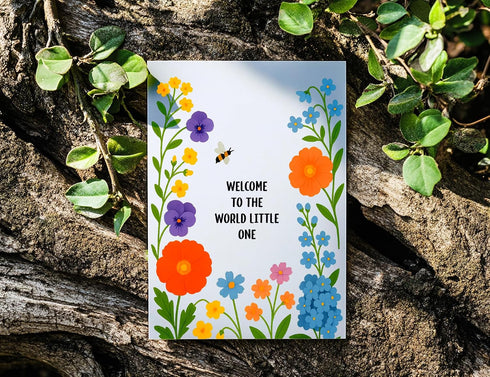 MWS9xDesigns Welcome To The World Little One Card - Cute Floral Birthday Card - Newborn Greeting - Announcement - Gift
