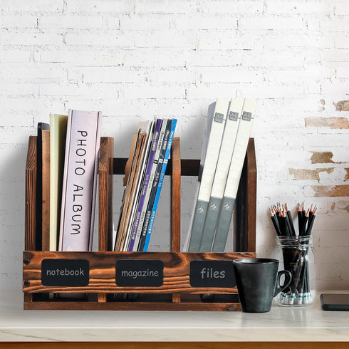 Rustic Torched Brown Wooden Desktop Document Organizer, Office Chalkboard Labels, File Folder Sorter, Table