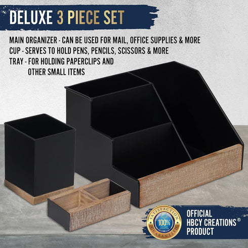 HBCY Creations 3 Piece Black Metal Desk Organizer Set, Rustic Mail Organizer, Rustic Industrial Home Decor