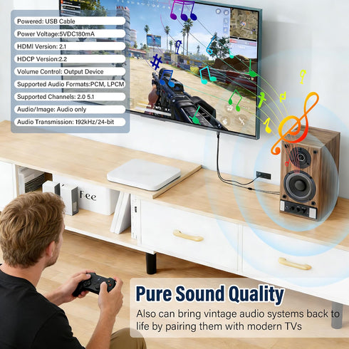 Veeloon 2 3 Splitter,192KHz PCM HDMI ARC to RCA Audio Extractor Converter Cable FT for TV to Soundbar,USB Powered