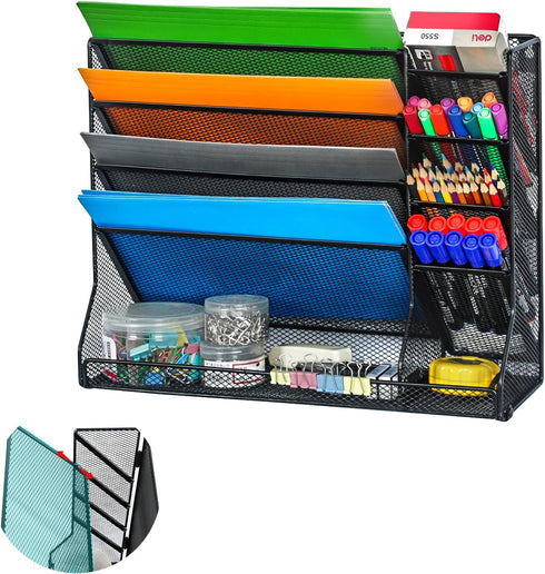 Wall Mounted 4 Tier File Organizer, Durable Adjustable Metal Vertical Hanging with 4 Pen Slots for Office, Black