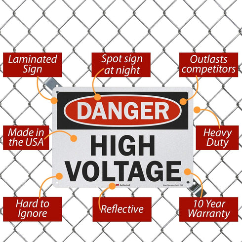 SmartSign OSHA Safety Sign, "Danger: High Voltage", 10" x 14", Reflective Black/Red on White