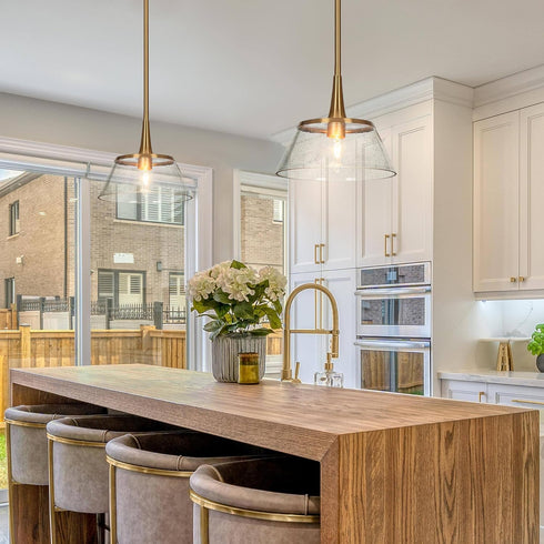 9 Inch classy leaves Gold Pendant Lights Kitchen Island, Kitchen Pendant Lighting Over Island with Seeded Glass, Modern