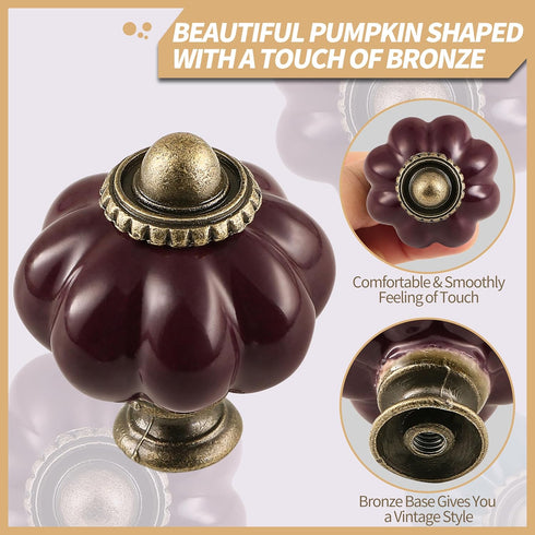Deep Purple Ceramic Knobs, 12 Pack Pumpkin Cabinet Knobs, Vintage Drawer Pulls with Screws