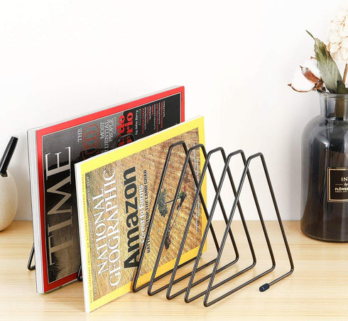 CAXXA 10 Slots Triangle Bookshelf - Black Metal Wire File Sorter Magazine Holder Document Holder
