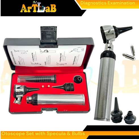 artlab 17pc Set Bulbs, Examination Otoscope with LED Disposable Specula, & Storage Case - Standard-Size Otoscope