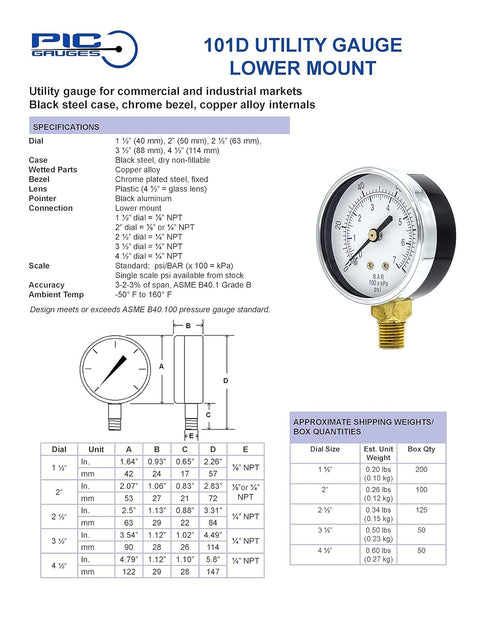 PIC Gauges Bottom Mount Dry Pressure Gauge, 2" Dial, 0/100 psi Range, Black Steel Case, Brass Internals