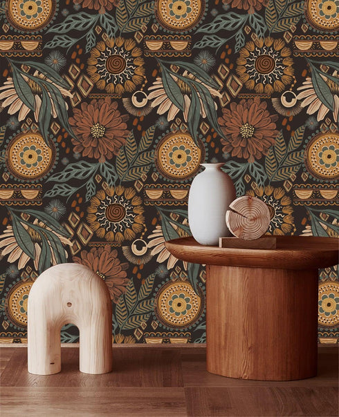 HAOKHOME 93291 Wallpaper Peel and Stick Floral Boho Brown/PeachPuff/Green Retro Wall Decor Bathroom Removable Mural 17.7in x 6.6ft by HAOKHOME